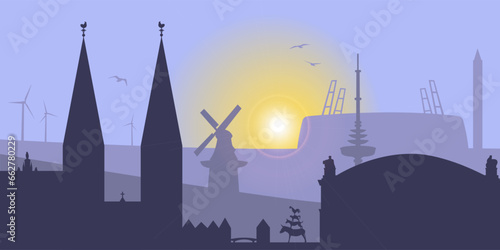 Silhouette of the city of Bremen for a background with sights (purple)