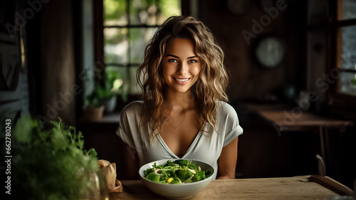 Portrait of a young beautiful woman who eats healthy food for breakfast. Proper nutrition Design ai