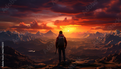 Men hiking mountain peak at sunset, backpacks filled with adventure generated by AI