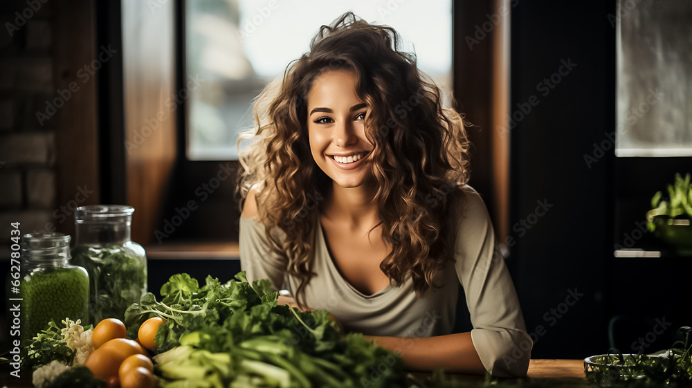 Obraz premium Portrait of a young beautiful woman who eats healthy food for breakfast. Proper nutrition Design ai