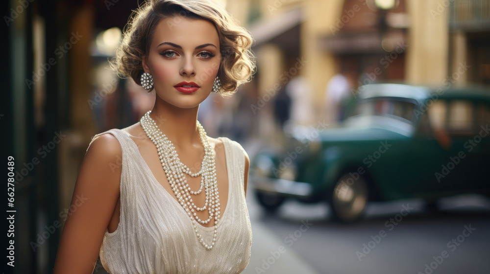 young beautiful woman dressed in a shiny dress in the style of the 20s against the backdrop of a European or American city, retro style, vintage outfit, elegant girl, hair decoration, jewelry, lady