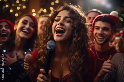 Friends belting out holiday tunes at a karaoke-themed Christmas gathering. Generative Ai