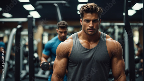 Attractive shirtless  male bodybuilder with muscular torso and strong chest posing at gym.