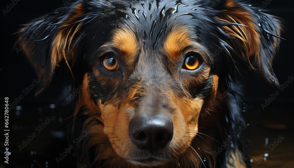 Cute puppy, wet fur, looking at camera, purebred retriever, indoors generated by AI