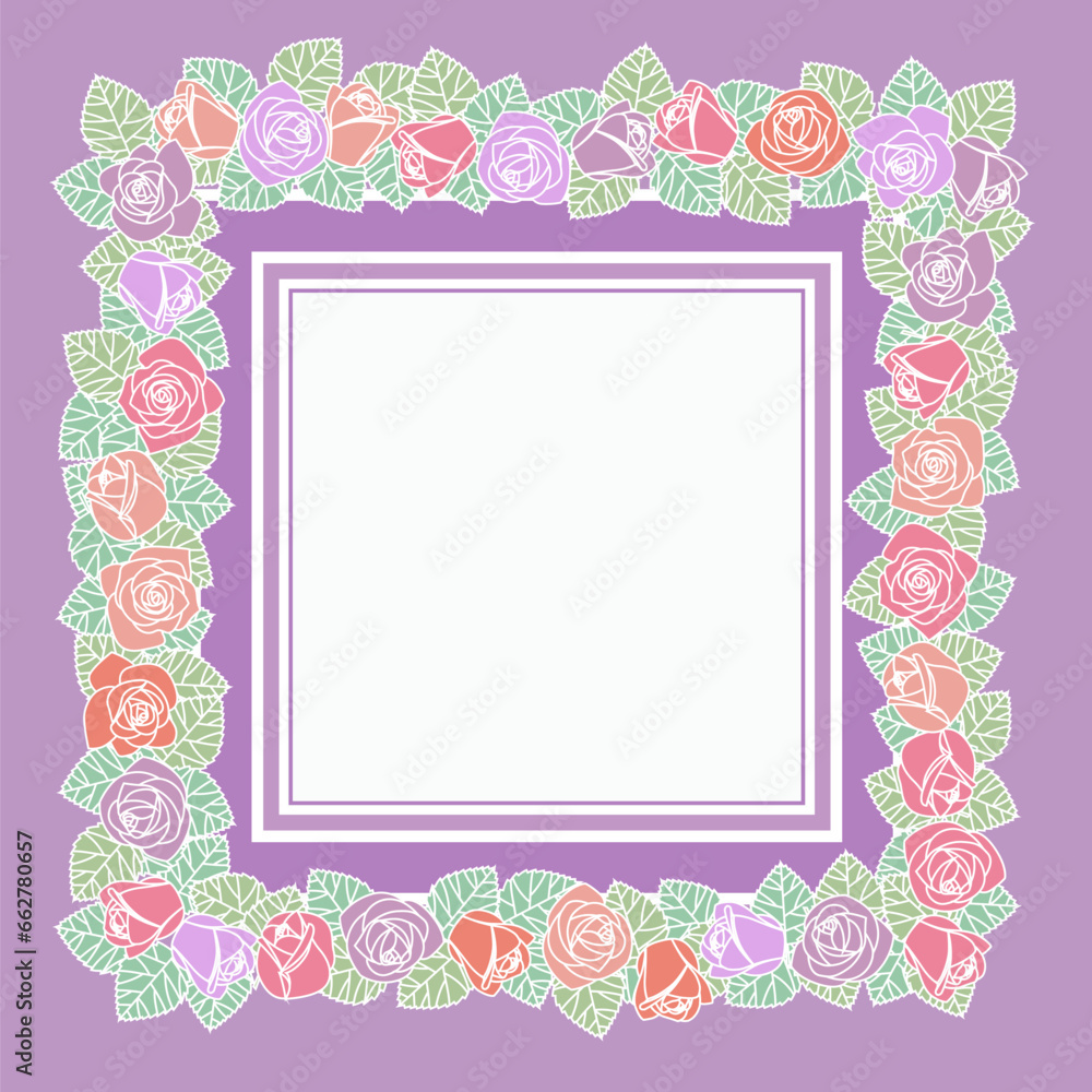 Square frame from a branch of roses with green leaves. Greeting card template. Vector illustration Square frame from a branch of roses with green leaves. Greeting card template. Vector illustration