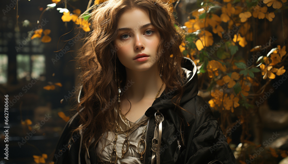 Beautiful young woman with long brown hair in autumn fashion generated by AI