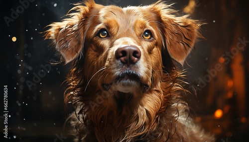 Wet puppy sitting, looking at camera, playful in the water generated by AI © djvstock
