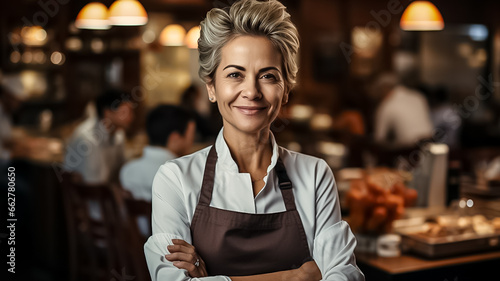 Fototapeta Naklejka Na Ścianę i Meble -  Happy Chef mature woman of a Big Restaurant Crosses Arms and Smiles in a Modern Kitchen. Design ai