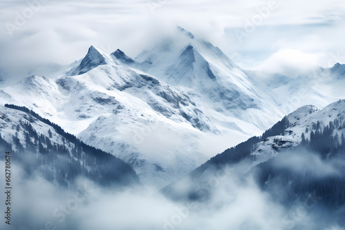 snow-capped mountains emerging from a sea of clouds. The peaks of the mountains are sharp and prominent, piercing through the cloud cover