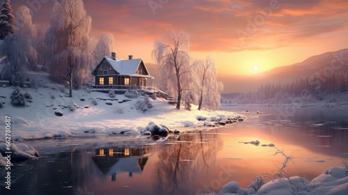 winter morning, house in a snowy forest