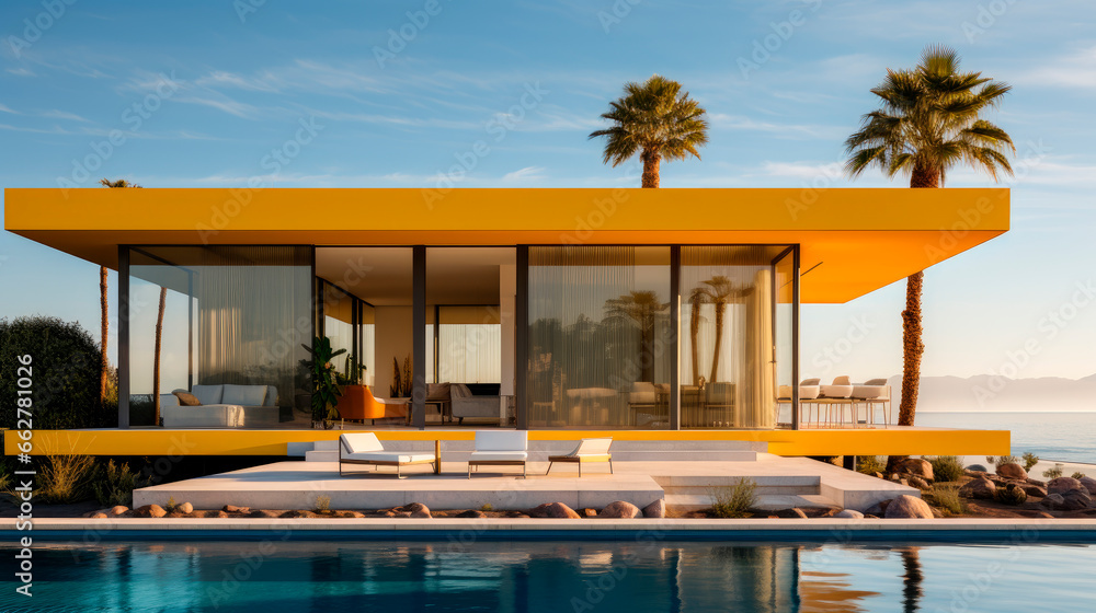 Fototapeta premium Yellow minimalist design house with a swimming pool on a beach