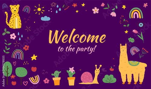 Party banner. Children holiday invitation. Cartoon animals. Rainbow and clouds. Blooming flowers. Funny leopard. Llama and snail. Doodle kids frame. Cactus in pot. Vector welcome background design