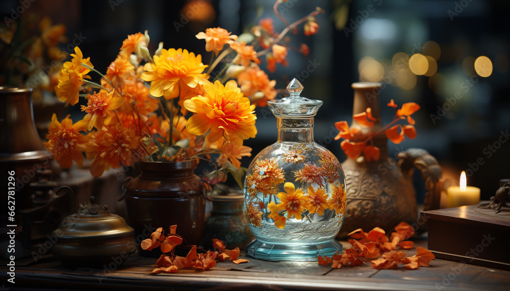 Vase decoration on wooden table, leaf, flower, still life indoors generated by AI