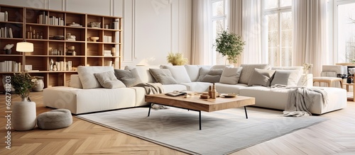Gorgeous big living room with wooden flooring soft carpet and stylish furnishings With copyspace for text