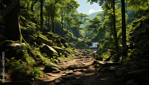 Tranquil scene of a lush green forest with flowing water generated by AI