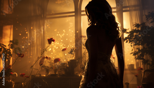 Young woman in a backlit window  exuding elegance and sensuality generated by AI