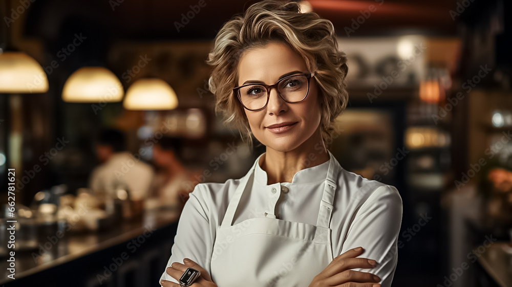 Happy Chef mature woman of a Big Restaurant Crosses Arms and Smiles in a Modern Kitchen. Design ai Happy Chef mature woman of a Big Restaurant Crosses Arms and Smiles in a Modern Kitchen. Design ai
