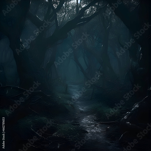 Mystical dark forest with fog. Halloween concept. 3D Rendering