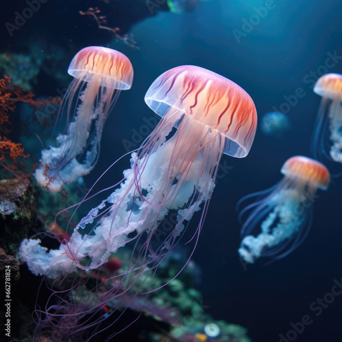 Realistic jellyfish blue lightening, poisonous jellyfish in dark deep water, deep ocean creature