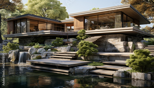 Modern architecture blends with nature in a tranquil summer landscape generated by AI © djvstock