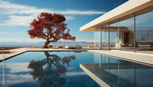 Modern architecture reflects in the tranquil poolside with a wide window generated by AI
