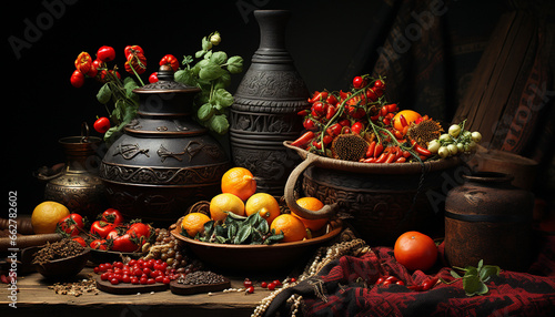 Freshness of nature in a rustic still life of healthy food generated by AI