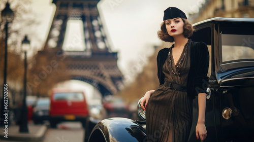 young beautiful woman dressed in a shiny dress in the style of the 20s against the backdrop of a European city Paris, retro style, vintage outfit, elegant girl, hair decoration, jewelry, lady photo