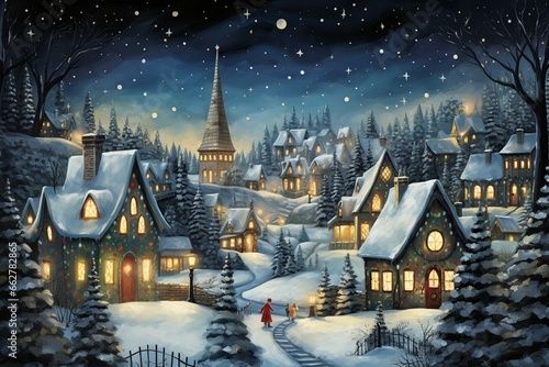 Festive village with illuminated wooden cabins at night, illustrated painting. Generative AI
