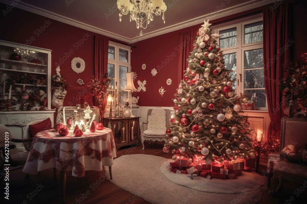 Festive home adorned with red and white decor, accompanied by a majestic Christmas tree. Generative AI