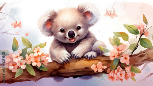 Cozy koala bear with flowers, watercolor drawing