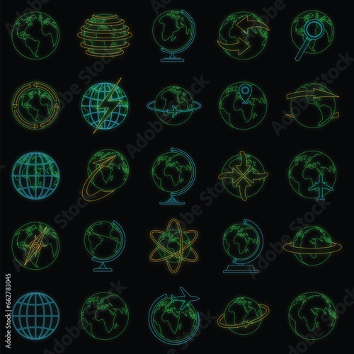 Globe Earth icons set. Outline illustration of 25 Globe Earth vector icons neon color on black