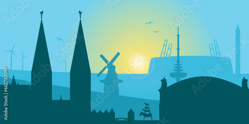 Silhouette of the city of Bremen for a background with sights (blue)