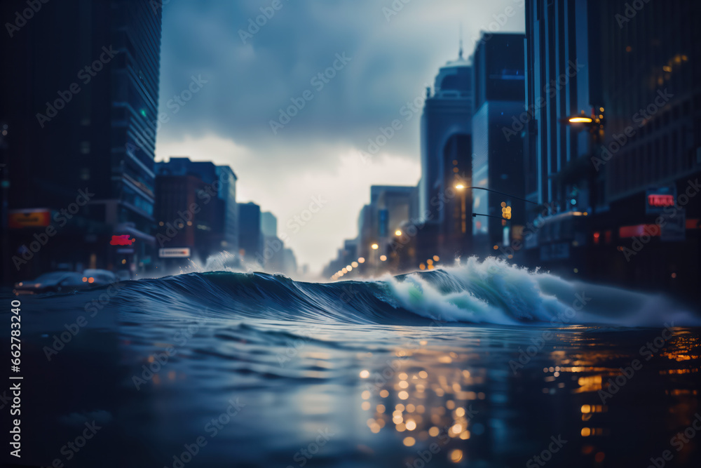 Global warming, sea level rise and coastal flooding. Waves flooding city center street.