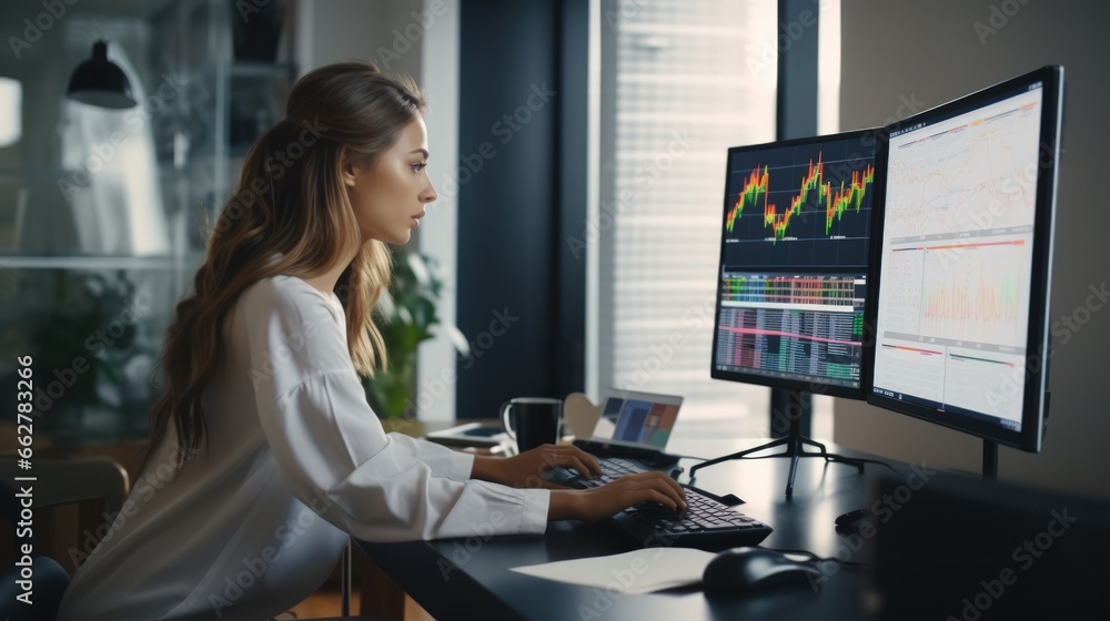 Woman working finance trade manager analyzing stock future market. - obrazy, fototapety, plakaty 