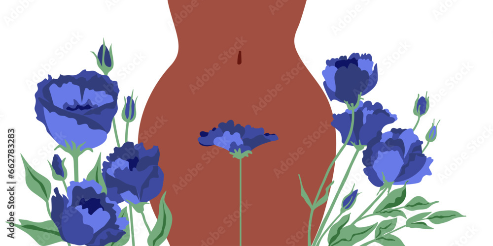 Women's health. Female hips. Bikini line. Abstract flowers. The topic of female intimate depilation and hygiene. Vector illustration. Place for text - obrazy, fototapety, plakaty 