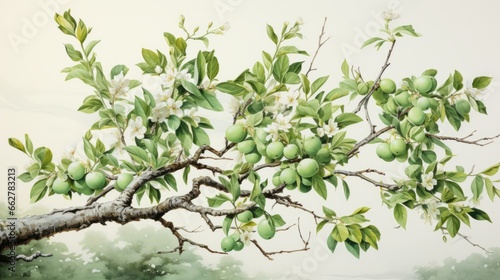 Fruit tree branch watercolor illustration on cotton paper. Very soft colors