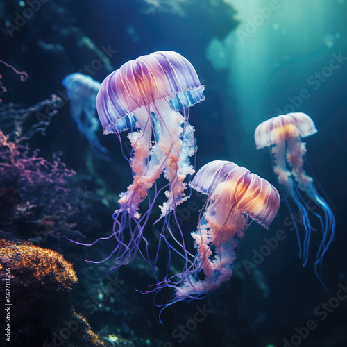 Glowing neon jellyfish with long tentacles