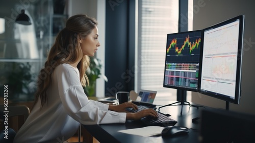 Woman working finance trade manager analyzing stock future market. photo