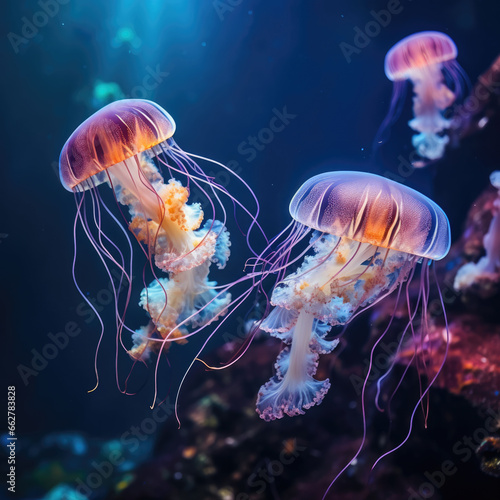 A mesmerizing jellyfish floating gracefully in its tank. © mirexon