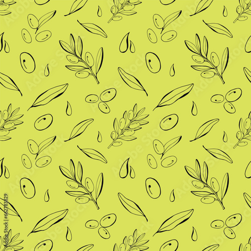 Olive line seemless pattern. Vector branch, sketch fruits, foliage and flower. Graphic monochrome collection. Organic food, oil. For label, border, wrapping papper. Isolated on green background.