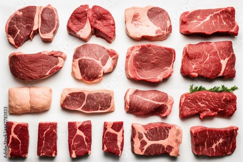 Assorted beef cuts arranged in a collage against a white backdrop. Generative AI