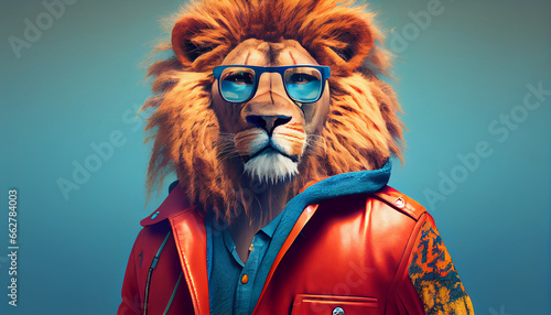 Cool looking Lion wearing funky fashion dress - bright red jacket  vest  sunglasses. Wide blue banner with space for text right side. Stylish animal posing as supermodel