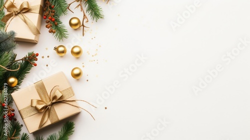 Christmas flat lay with gift boxes and fir branches, white xmas background top view, ai generated