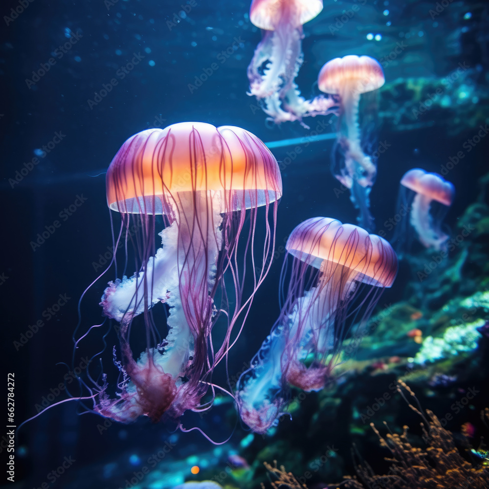 Naklejka premium Glowing jellyfish underwater. Neon jellyfish
