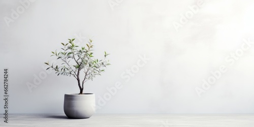white treepot with minimal tree leaf and copyspace with sun shadow and texture shadow on the white wall product display template background