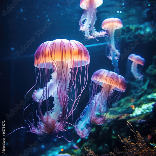 Glowing jellyfish underwater. Neon jellyfish