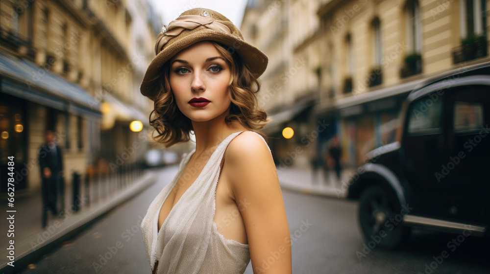 young beautiful woman dressed in a shiny dress in the style of the 20s against the backdrop of a European or American city, retro style, vintage outfit, elegant girl, hair decoration, jewelry, lady young beautiful woman dressed in a shiny dress in the style of the 20s against the backdrop of a European or American city, retro style, vintage outfit, elegant girl, hair decoration, jewelry, lady
