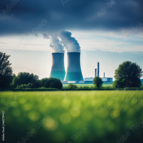 Nuclear power station with steaming cooling towers and green field