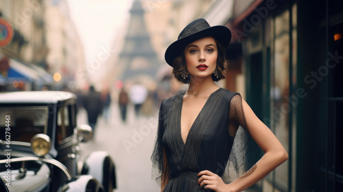 young beautiful woman dressed in a shiny dress in the style of the 20s against the backdrop of a European city Paris, retro style, vintage outfit, elegant girl, hair decoration, jewelry, lady photo