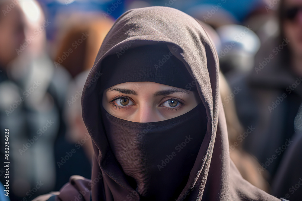 Standing Out: A Person in a Brown Cloak Among a Crowd, ai generative Standing Out: A Person in a Brown Cloak Among a Crowd, ai generative